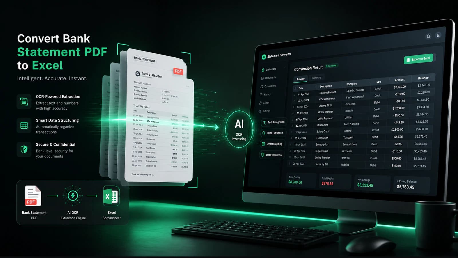Step-by-step bank statement PDF to Excel conversion dashboard