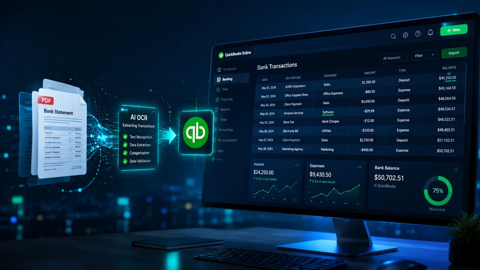 Convert bank statement PDF to QuickBooks QBO workflow interface