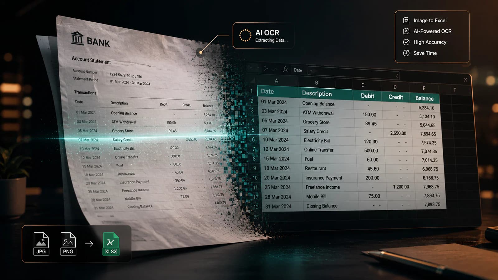 Convert JPG bank statement image to Excel using AI automation