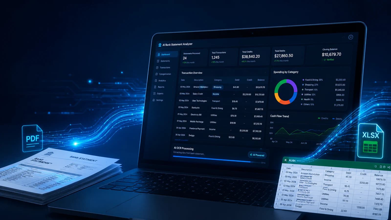 AI-powered bank statement analysis dashboard interface