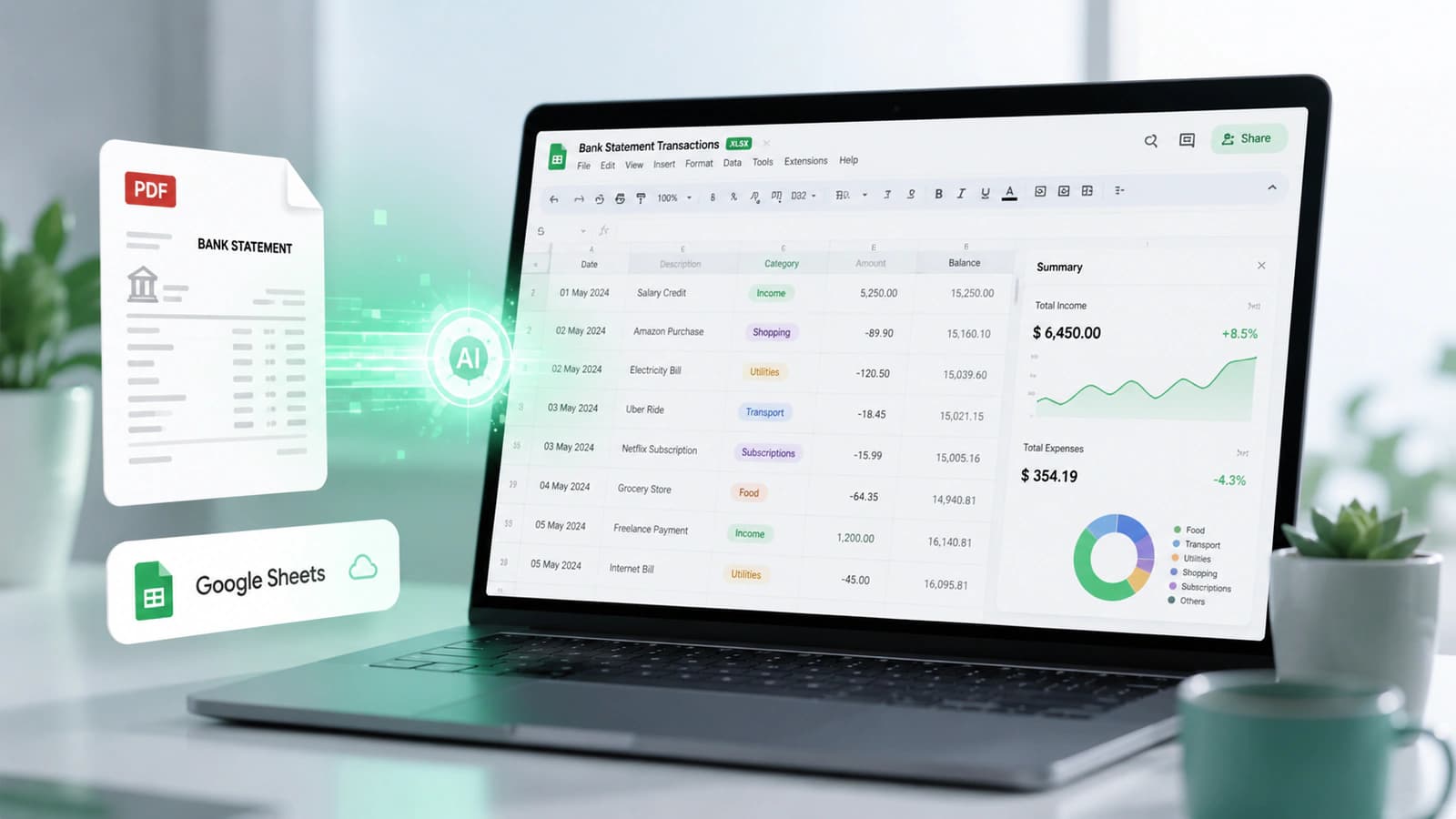 Bank statement data organized in Google Sheets for finance workflows
