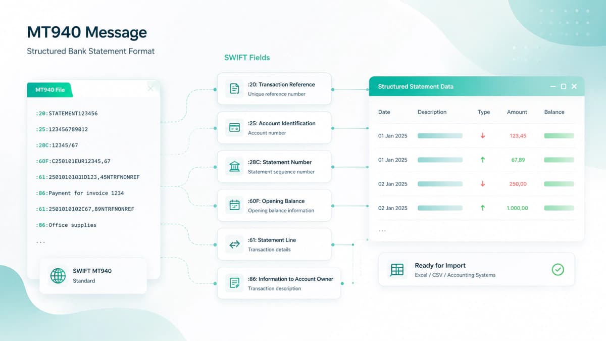 MT940 message structure overview and field layout